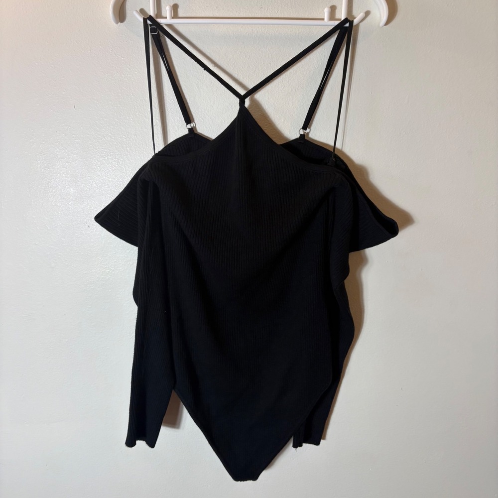 Abercrombie & Fitch Black Ribbed Cold Shoulder Halter Bodysuit XL‎ Long Sleeve